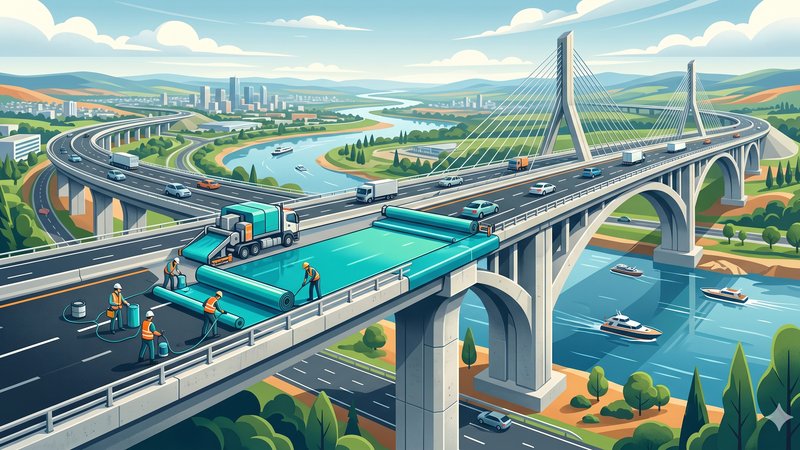 Современная иллюстрация полимерной гидроизоляции мостовых сооружений в футуристическом стиле для статьи о трендах 2026 года